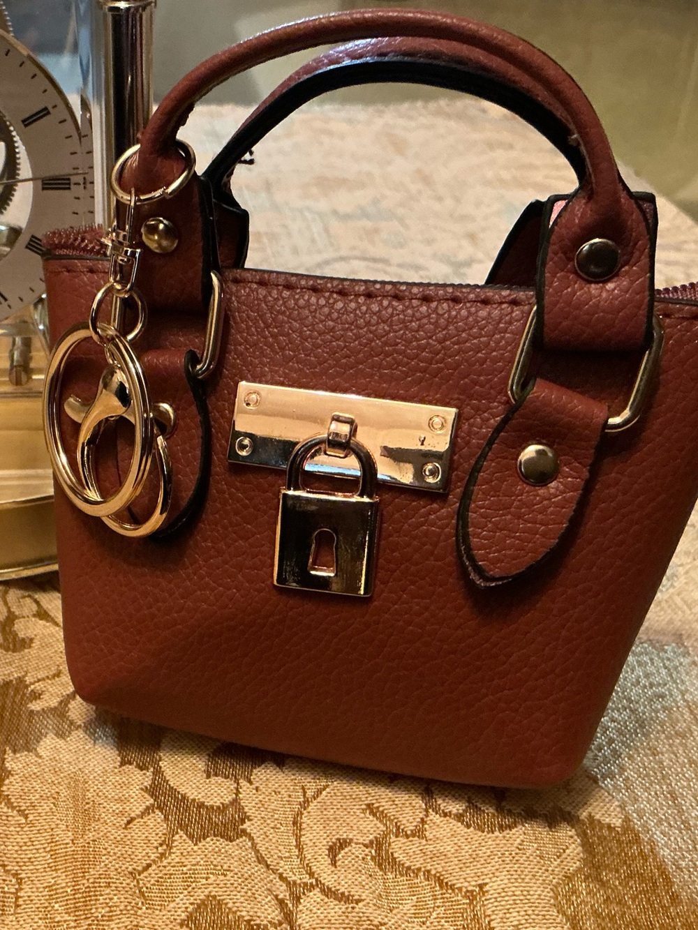 Classic Brown Mini keychain Satchel Handbag with Gold Hardware